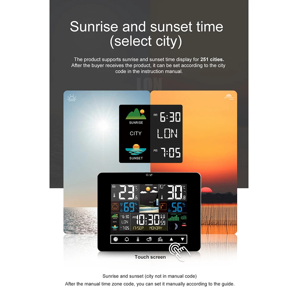 Multifunctional Weather Station Alarm Clock Touch Screen Thermometer Hygrometer Wireless Sensor Sunrise Sunset Hygrothermograph