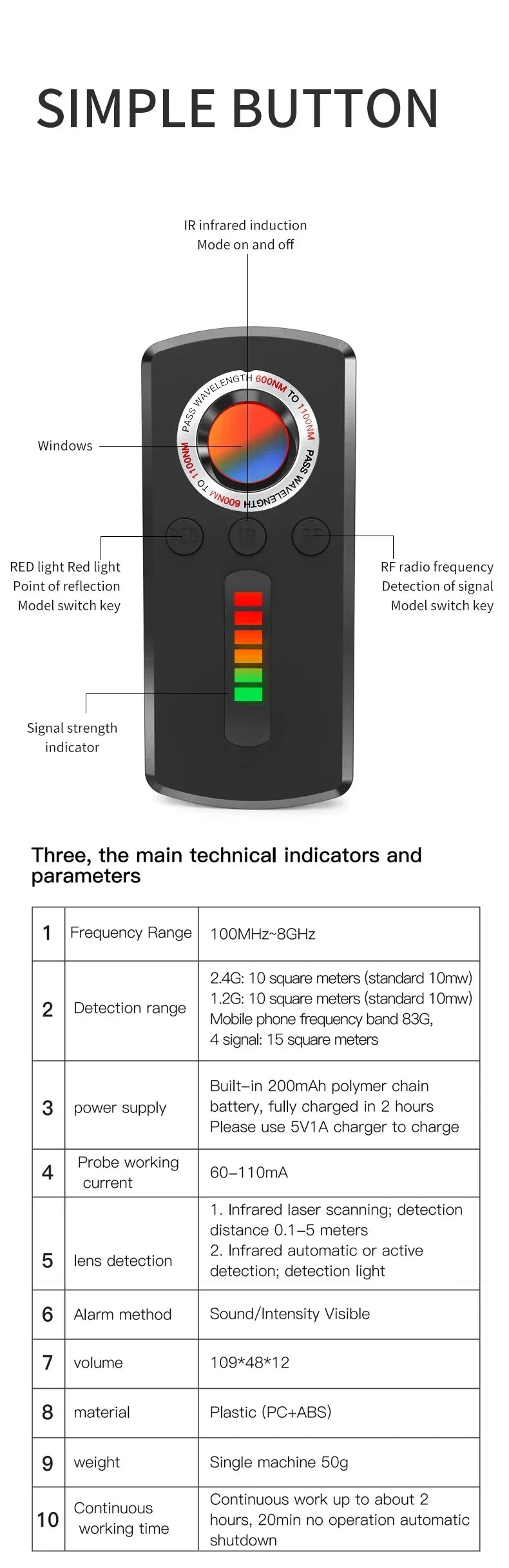 GS40 Security Hidden Camera Detector, Anti Spy Gadget Hunter, Wireless Signal Car GPS, Infrared Search Wiretapping Bug Mini Devices