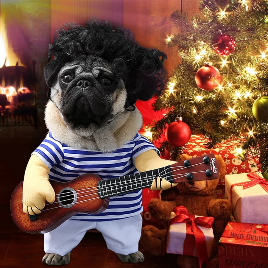 Funny dog Guitar Player outfit.  Fair to say you are going to get a lot of comments taking doggo for coffee wearing this
