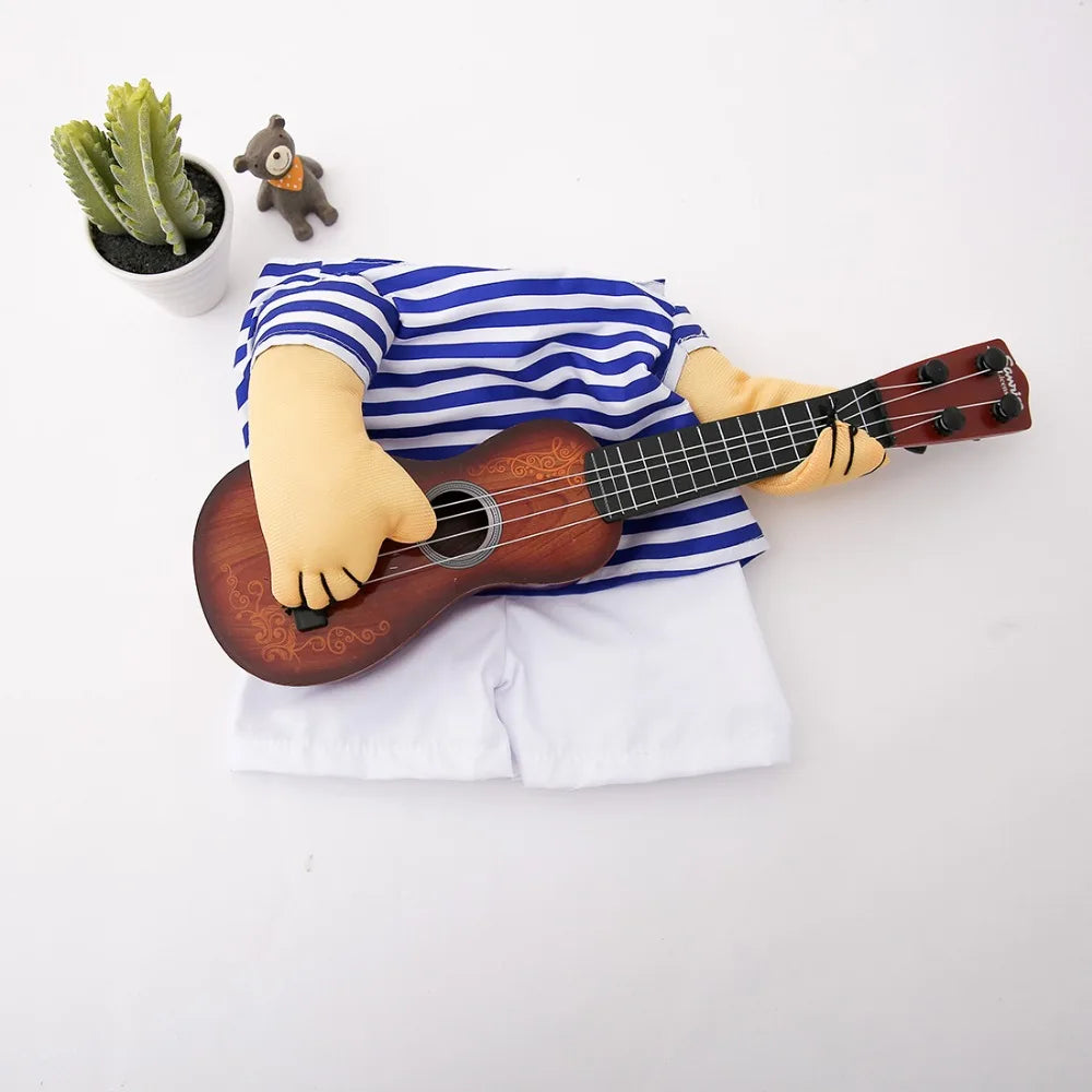 Funny dog Guitar Player outfit.  Fair to say you are going to get a lot of comments taking doggo for coffee wearing this