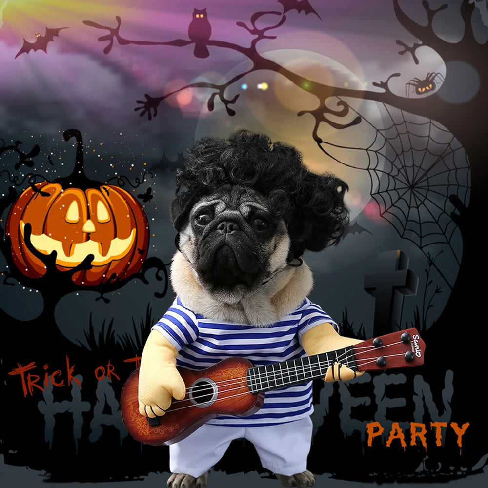 Funny dog Guitar Player outfit.  Fair to say you are going to get a lot of comments taking doggo for coffee wearing this