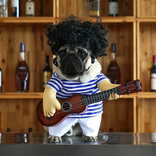 Funny dog Guitar Player outfit.  Fair to say you are going to get a lot of comments taking doggo for coffee wearing this