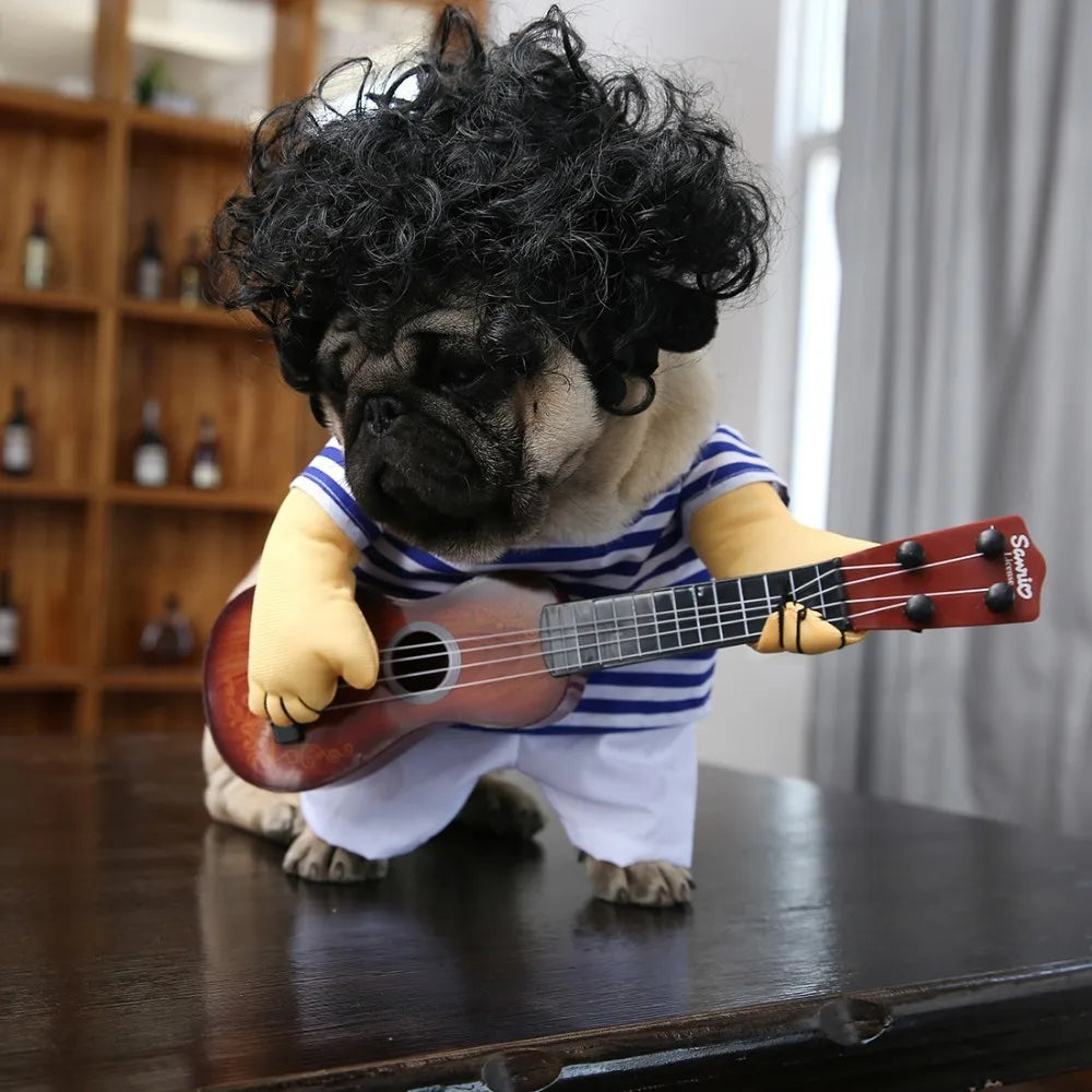 Funny dog Guitar Player outfit.  Fair to say you are going to get a lot of comments taking doggo for coffee wearing this