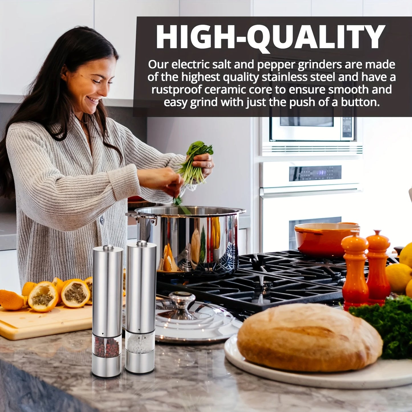 Electric Salt Pepper Grinder Set, One Handed Operation, Stainless Steel