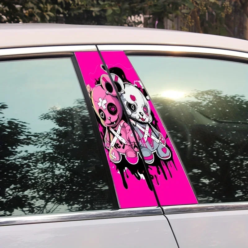 2 Cartoon Skull Doll Car B-Pillar Stickers for Left Side - Durable, Waterproof, Scratch Resistant - Glossy Surface