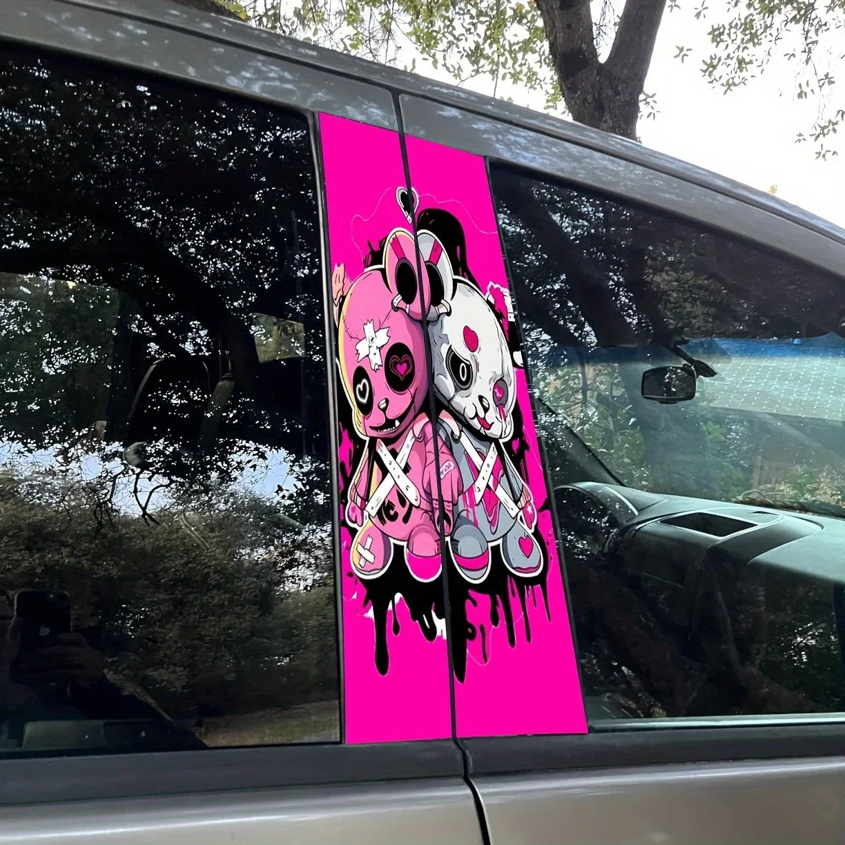 2 Cartoon Skull Doll Car B-Pillar Stickers for Left Side - Durable, Waterproof, Scratch Resistant - Glossy Surface