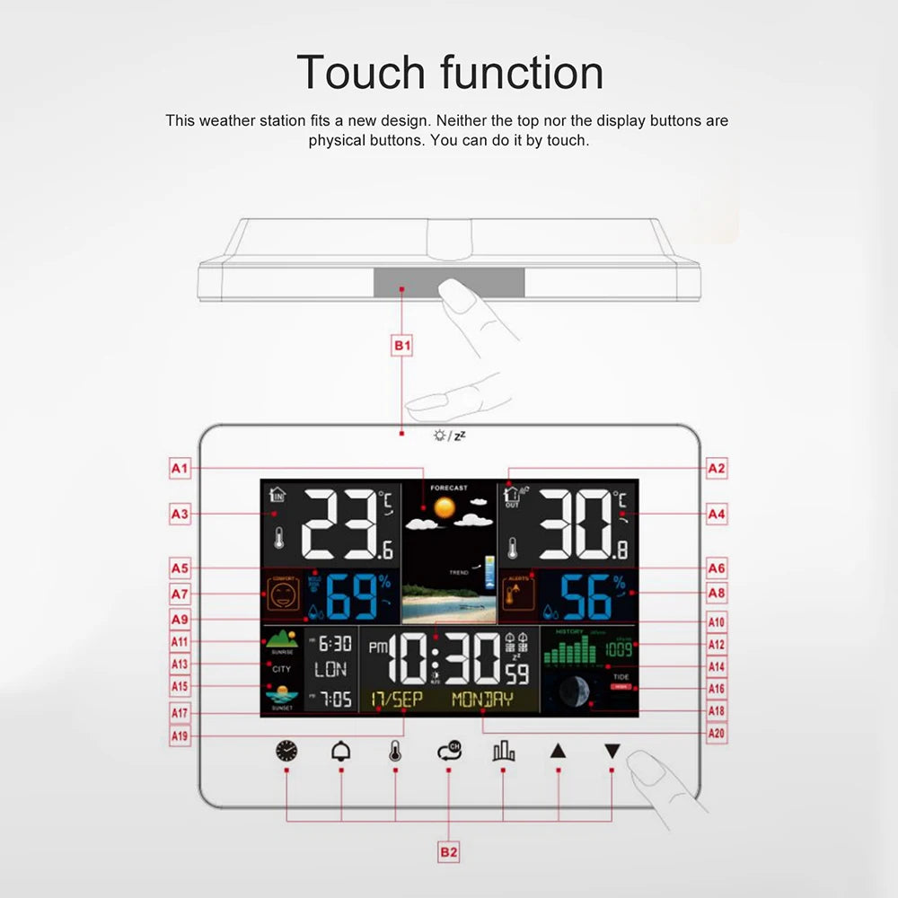 Multifunctional Weather Station Alarm Clock Touch Screen Thermometer Hygrometer Wireless Sensor Sunrise Sunset Hygrothermograph
