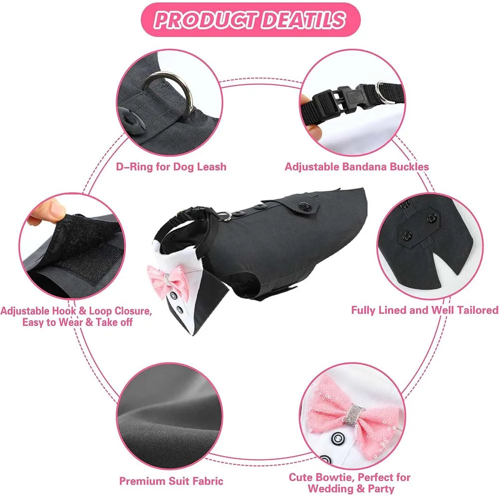 Comfortable Dog Tuxedo for your best mate, with detachable Bow Tie. Time to go out on the town.