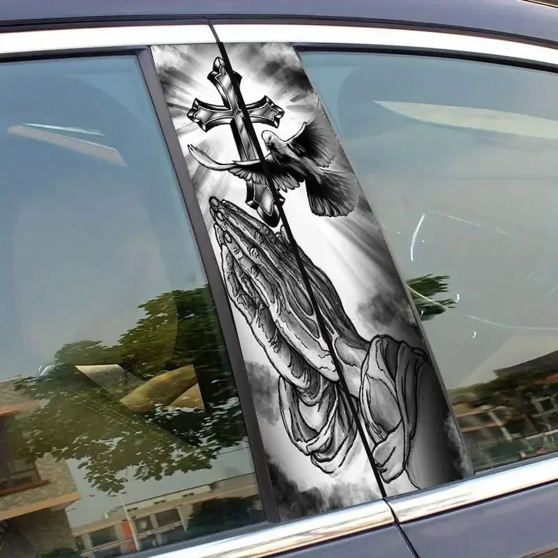 2 pieces Christian cross car sticker, car B-pillar waterproof trim covering scratches DIY door pillar sunscreen vinyl sticker