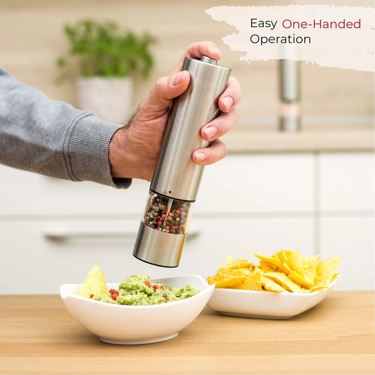 Electric Salt Pepper Grinder Set, One Handed Operation, Stainless Steel
