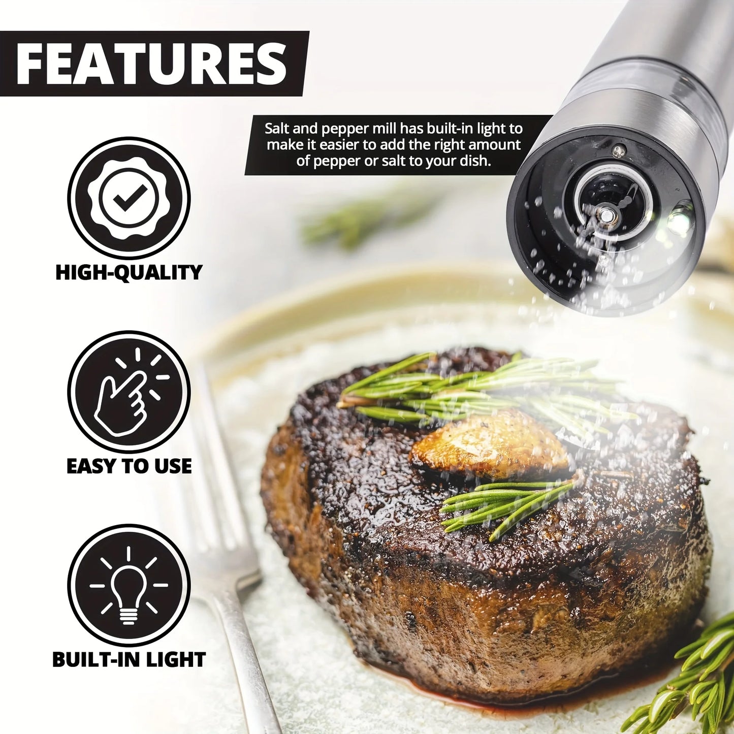 Electric Salt Pepper Grinder Set, One Handed Operation, Stainless Steel