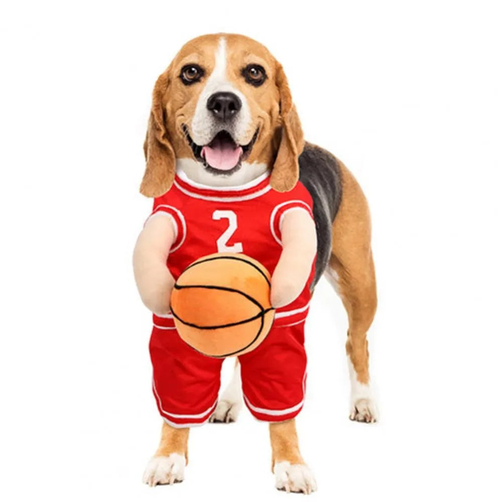 Watch all the second glances you get walking your mate to the café with this Sporting Basketball Costume.  Available for S/M/L dogs.