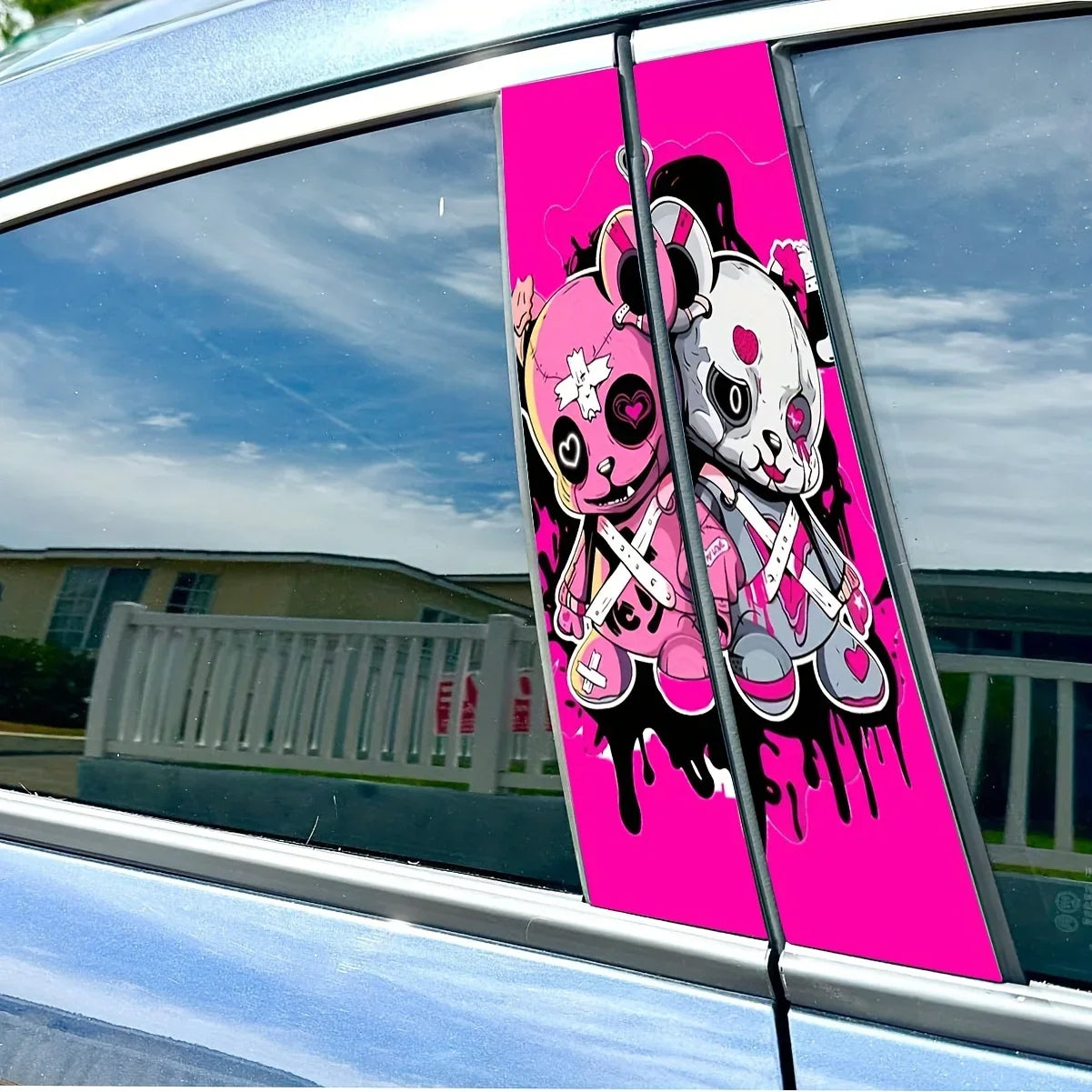 2 Cartoon Skull Doll Car B-Pillar Stickers for Left Side - Durable, Waterproof, Scratch Resistant - Glossy Surface