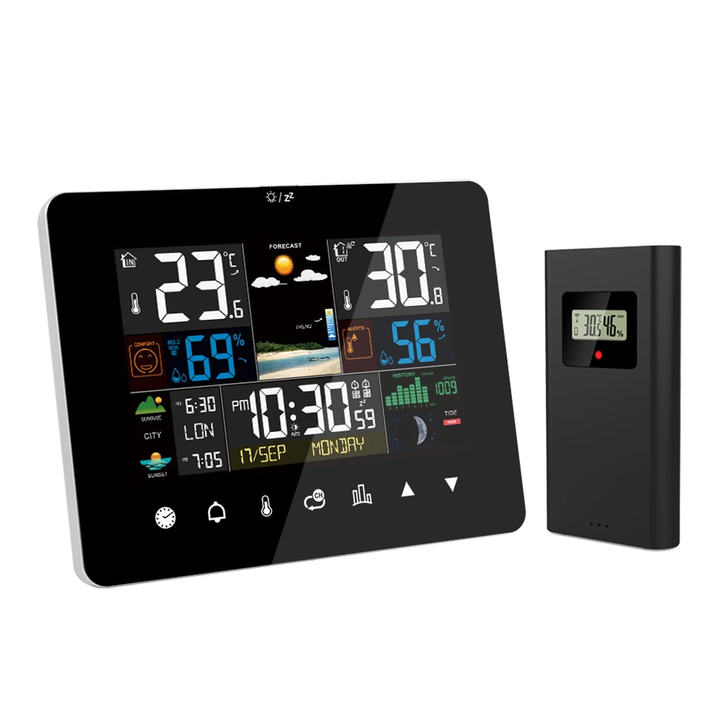 Multifunctional Weather Station Alarm Clock Touch Screen Thermometer Hygrometer Wireless Sensor Sunrise Sunset Hygrothermograph