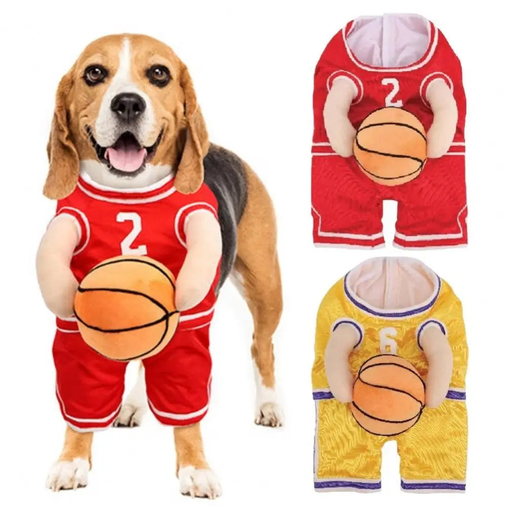 Watch all the second glances you get walking your mate to the café with this Sporting Basketball Costume.  Available for S/M/L dogs.
