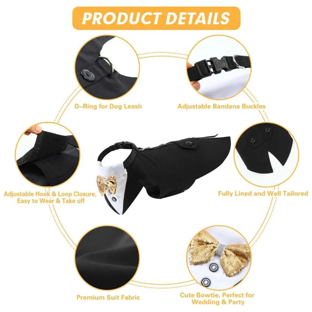 Comfortable Dog Tuxedo for your best mate, with detachable Bow Tie. Time to go out on the town.