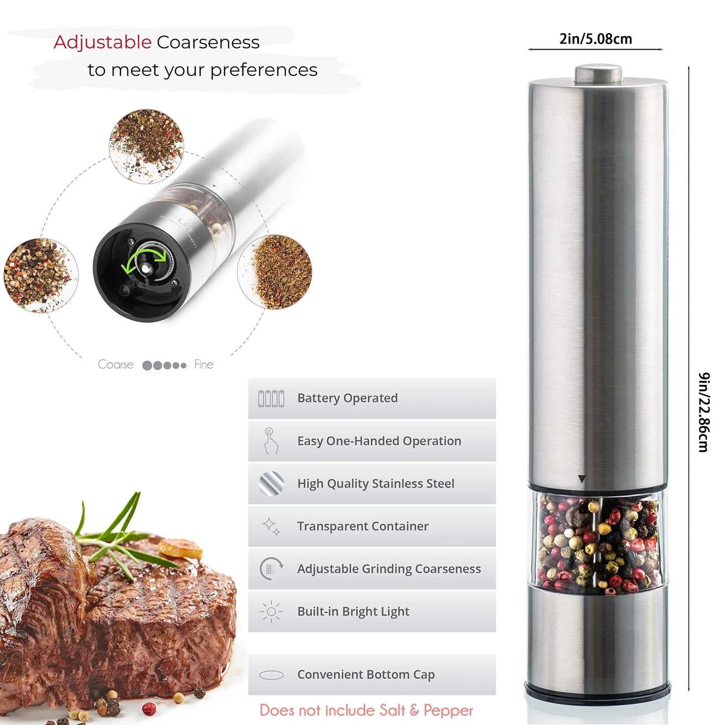 Electric Salt Pepper Grinder Set, One Handed Operation, Stainless Steel